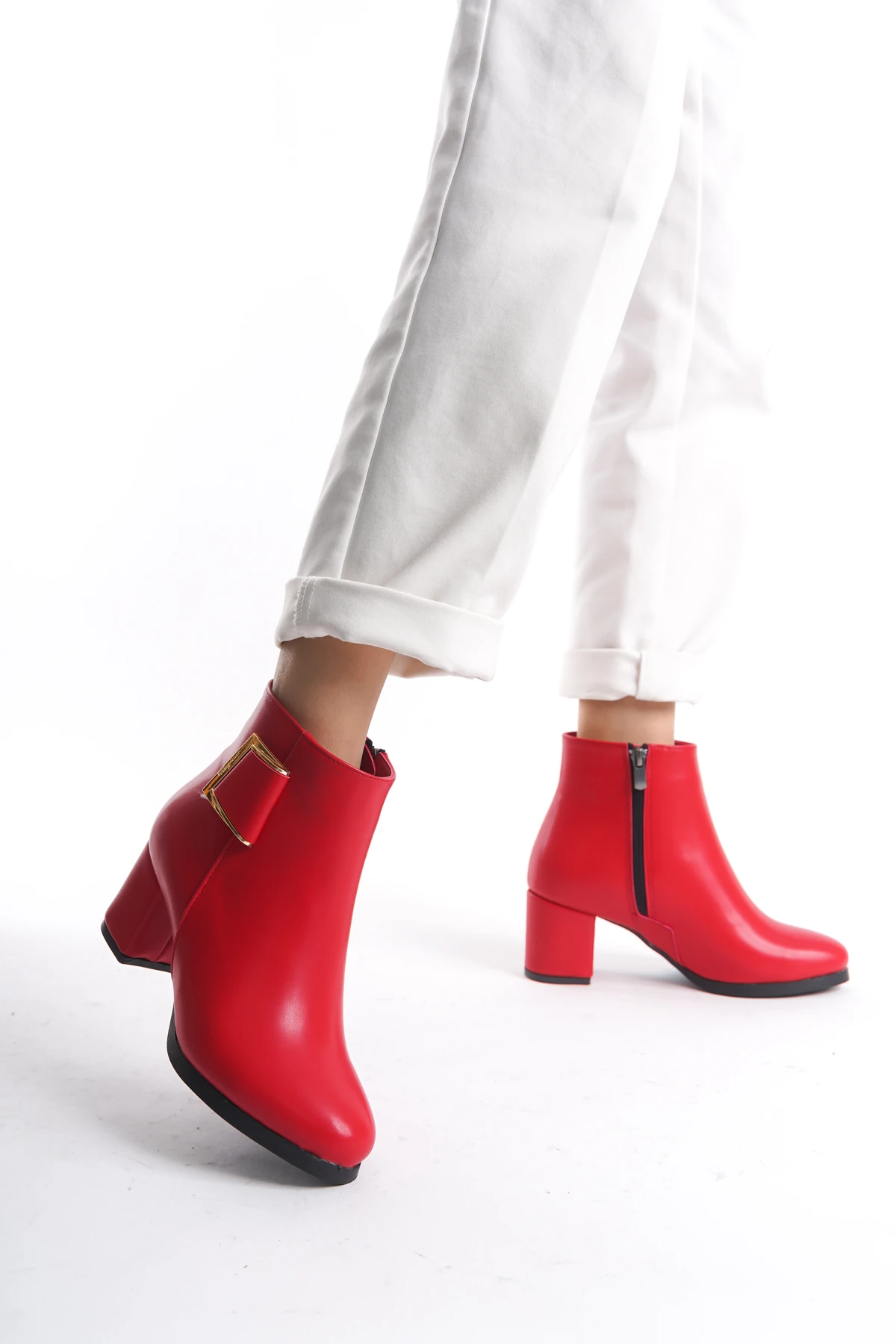 Kadın Atina Cilt Toka Detaylı Topuklu kısa Bot MR5030